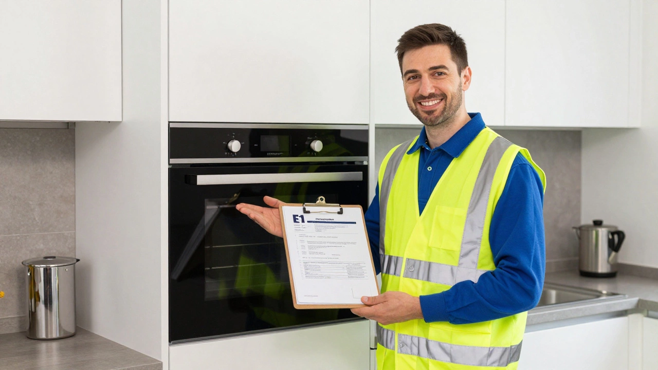 Licensed electrician with certificate next to new oven
