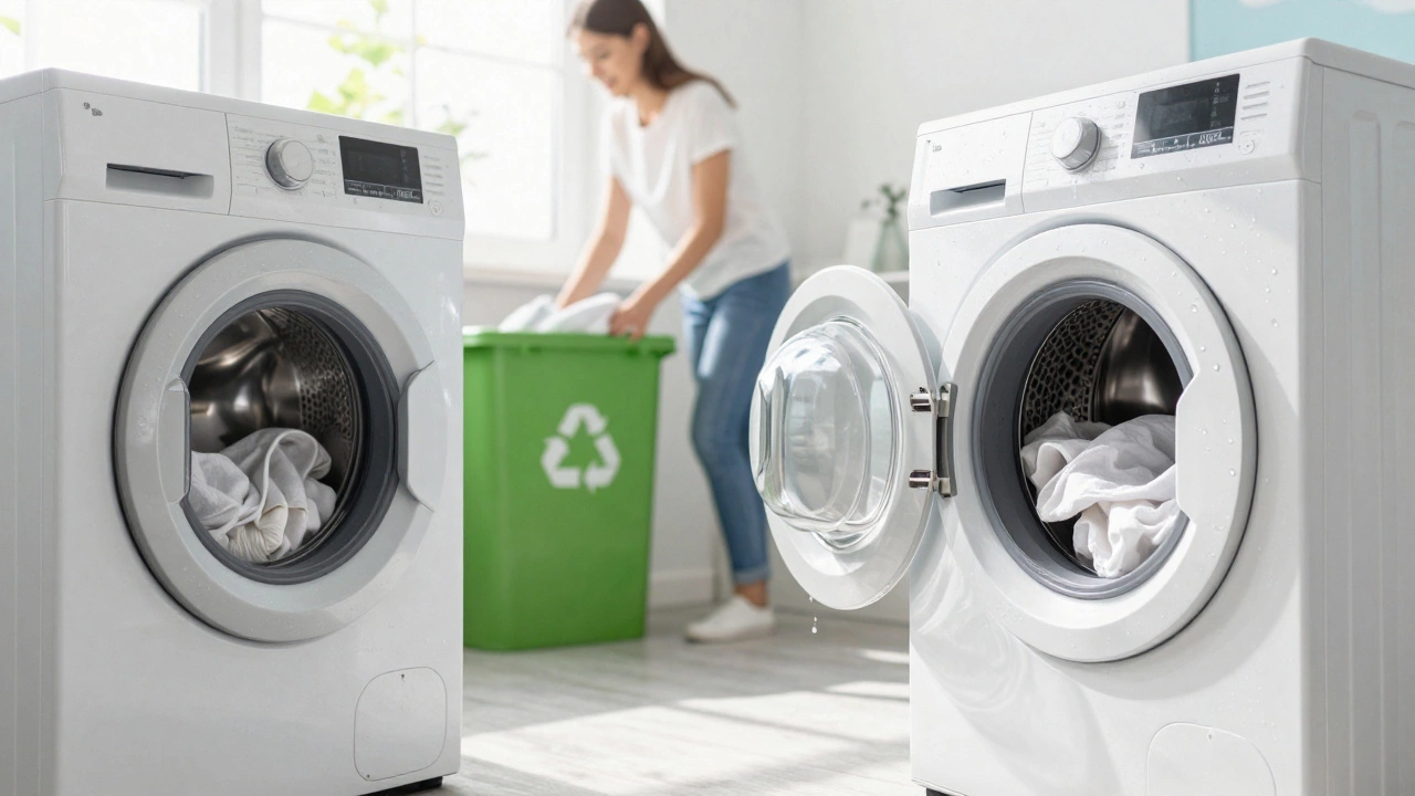 Modern efficient washer in sunny room with old one recycled