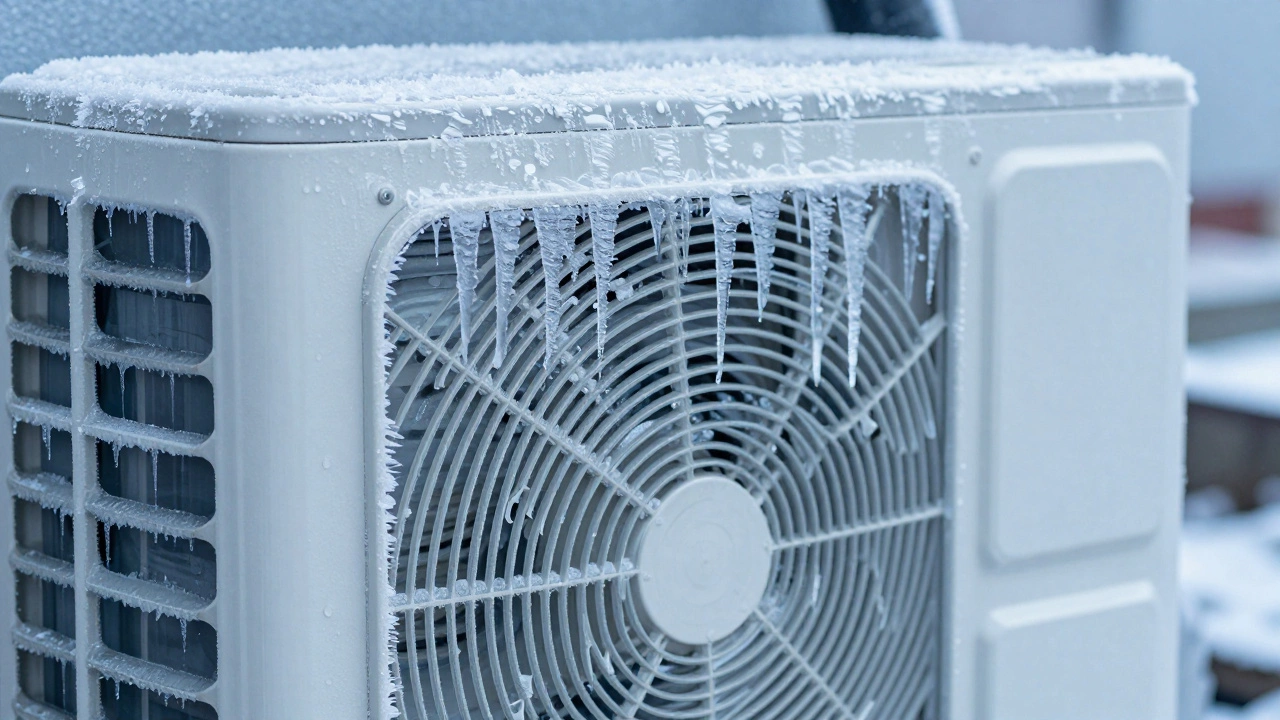 Outdoor heat pump unit heavily covered in thick ice and frost on a cloudy day