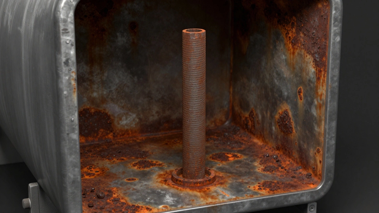 Rusted anode rod protecting a corroding water heater tank