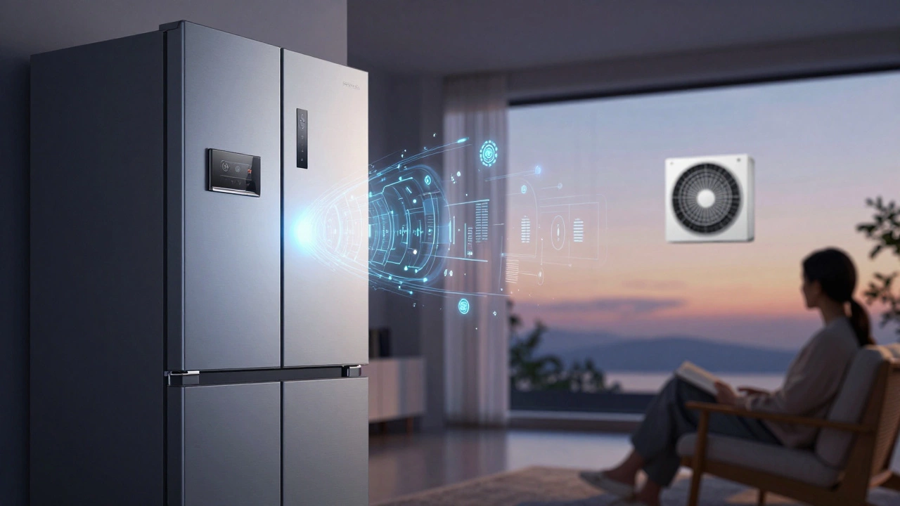 Smart home scene with invisible data streams connecting appliances for efficient automation