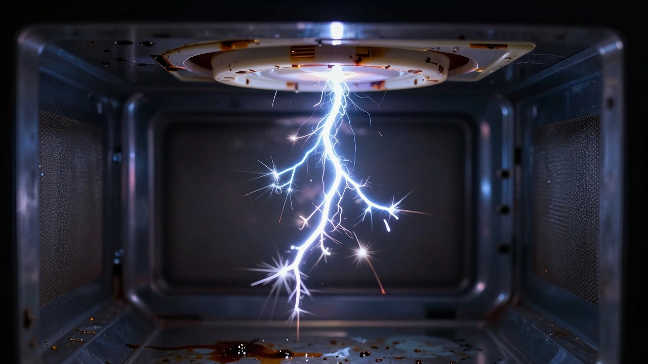 Blue electrical sparks arcing inside a dirty microwave oven cavity