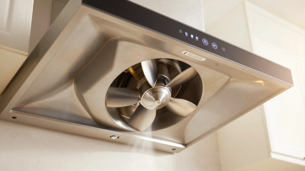 Clean, shiny extractor fan motor installed in a modern kitchen