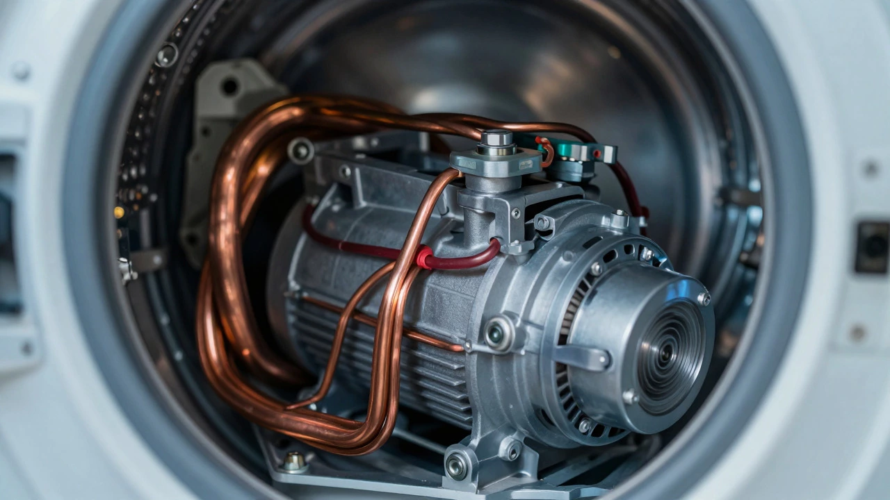 Close-up of complex internal appliance mechanics and wiring