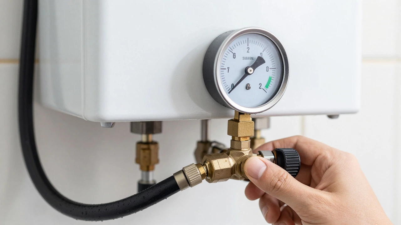Close-up of hand adjusting boiler pressure gauge and filling loop