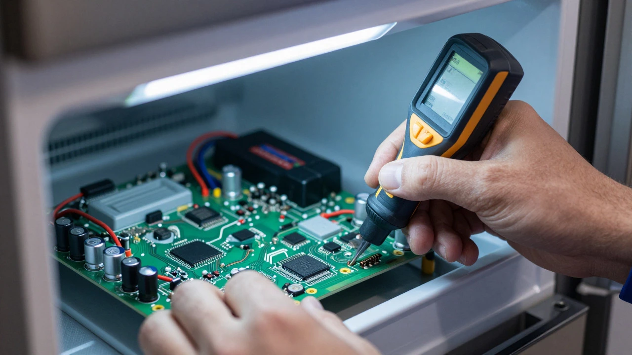 Close-up of technician repairing electronic control board inside fridge