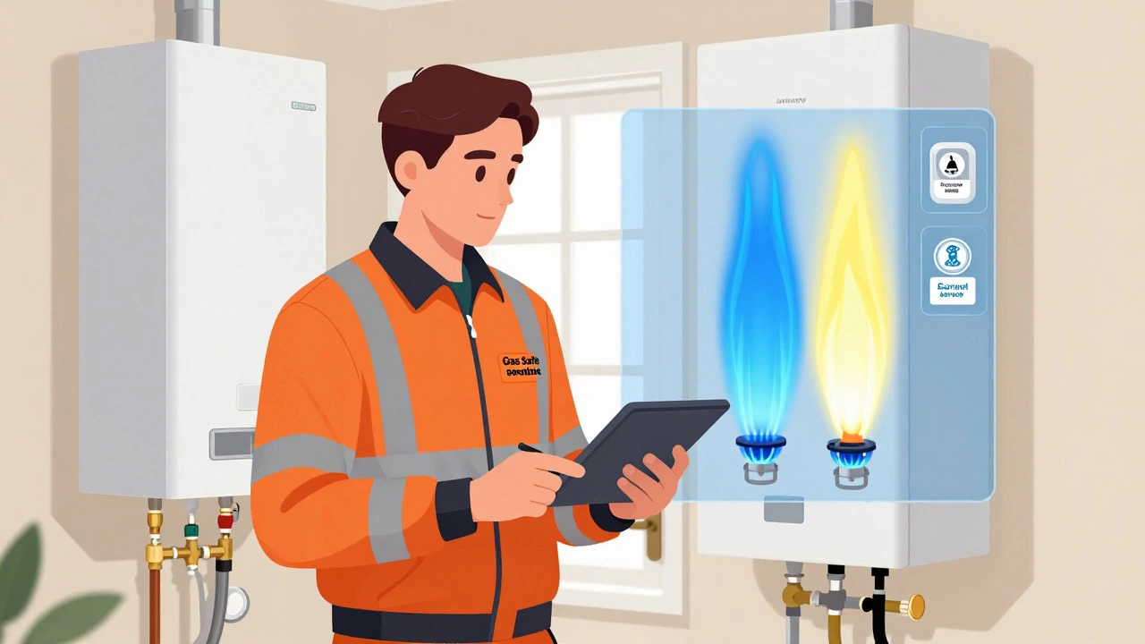 Gas Safe engineer inspecting boiler with safety flame indicators
