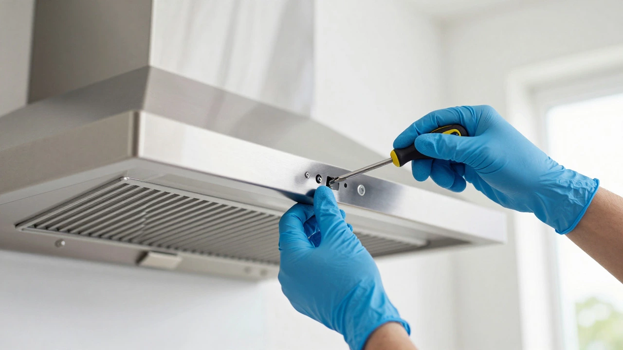 Hands in gloves carefully disassembling a range hood grille