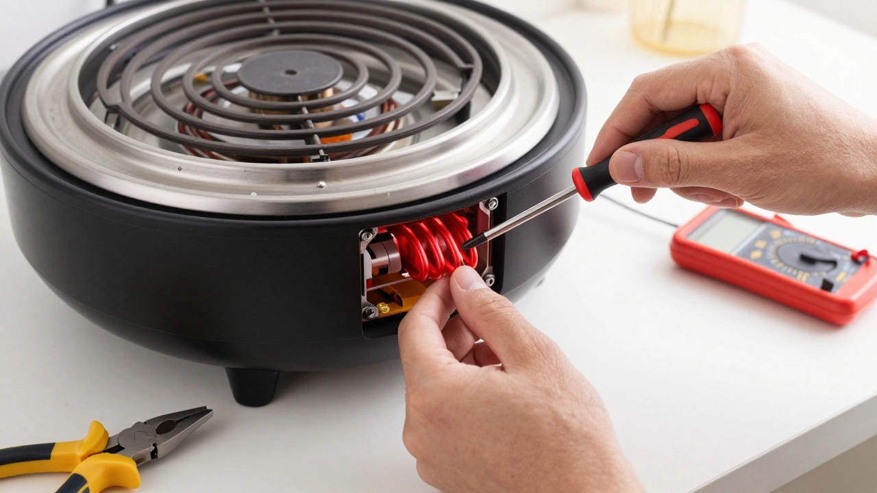 Hands replacing heating element in electric cooker