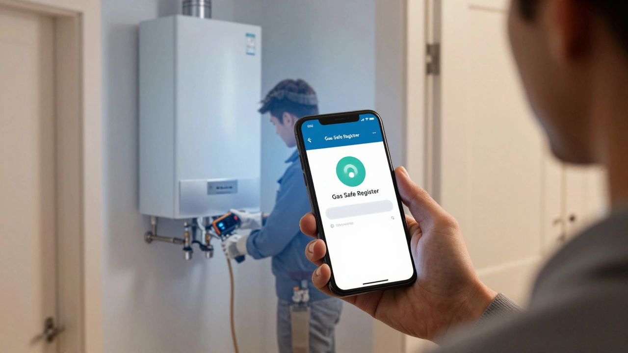Homeowner checking Gas Safe register online while engineer services boiler safely.