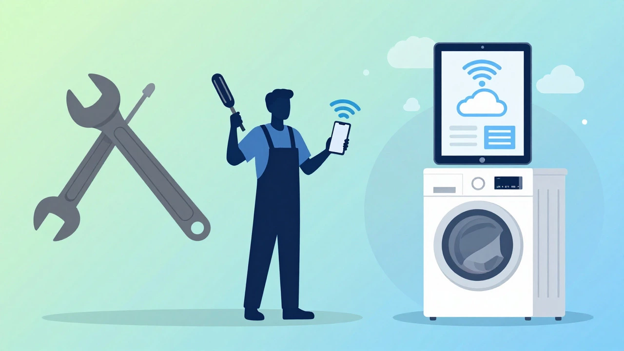 Illustration blending traditional tools with smart home tech concepts