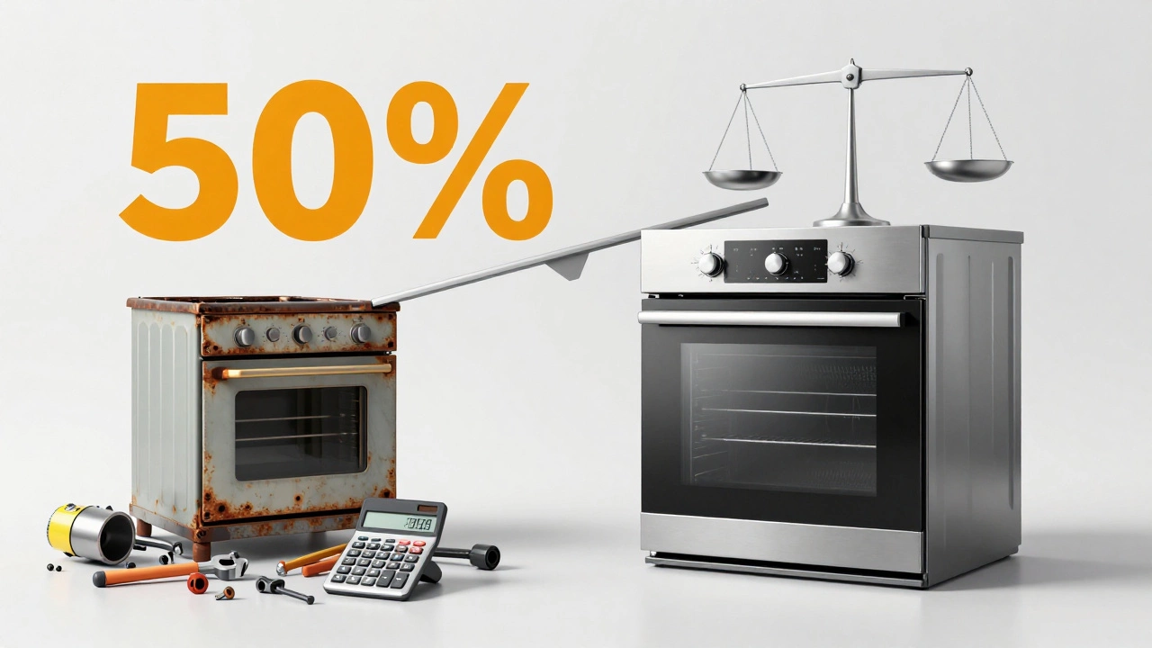 Illustration comparing costly repairs vs buying a new oven