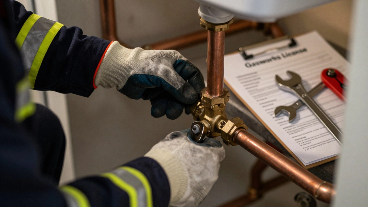 Licensed technician installing copper pipes and valves for a new boiler.
