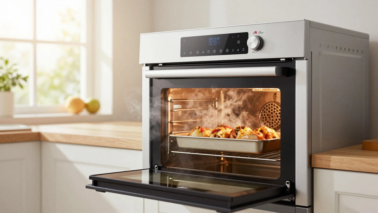 New efficient oven with perfectly cooked food inside