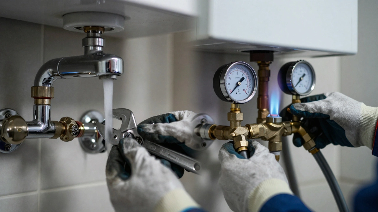 Split view showing plumber fixing water pipes and gas engineer connecting gas line.