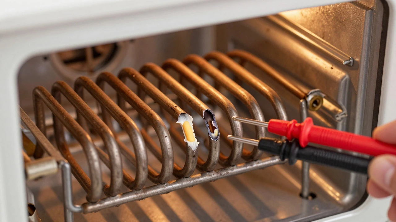 Close-up of a damaged oven heating element being tested with a multimeter probe.