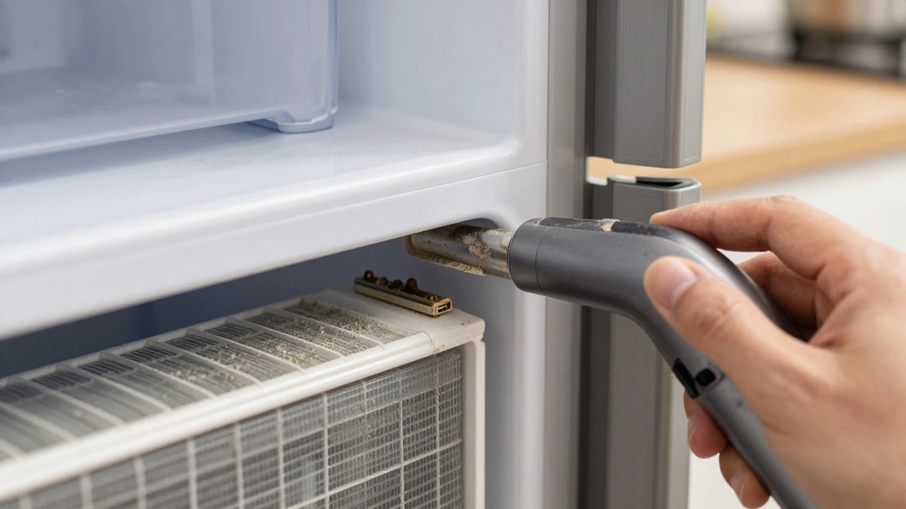 Close-up of cleaning fridge condenser coils and checking door seals