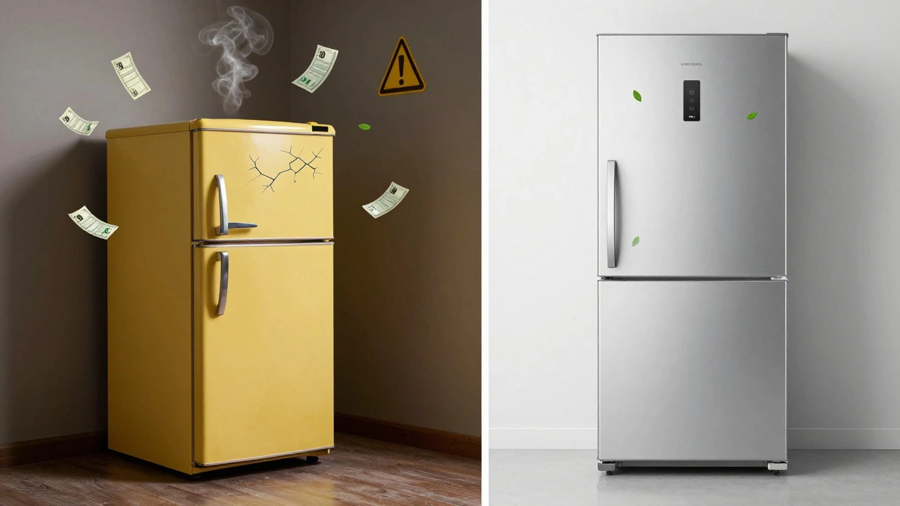 Comparison of old inefficient fridge and new energy-efficient model