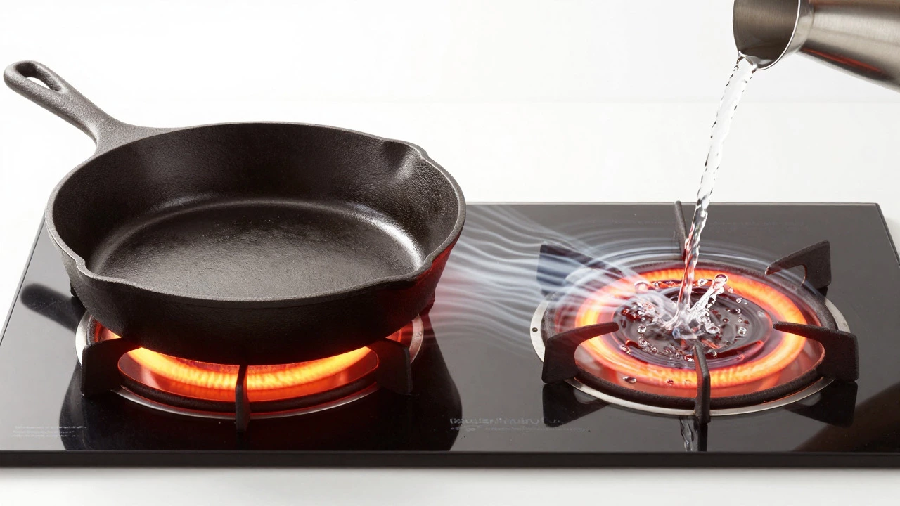 Conceptual image showing a hot pan and cold water causing thermal stress on a hob.