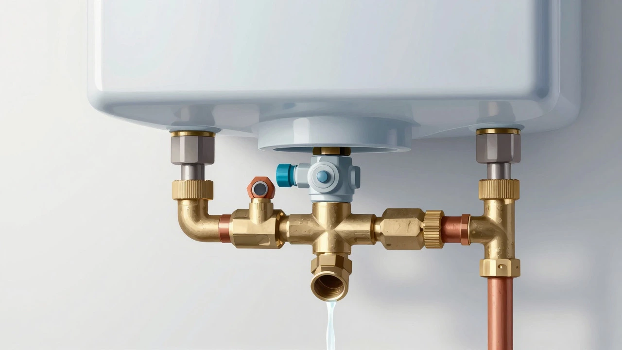 Diagram of water heater top showing T&amp;P valve and pipe fittings with leaks