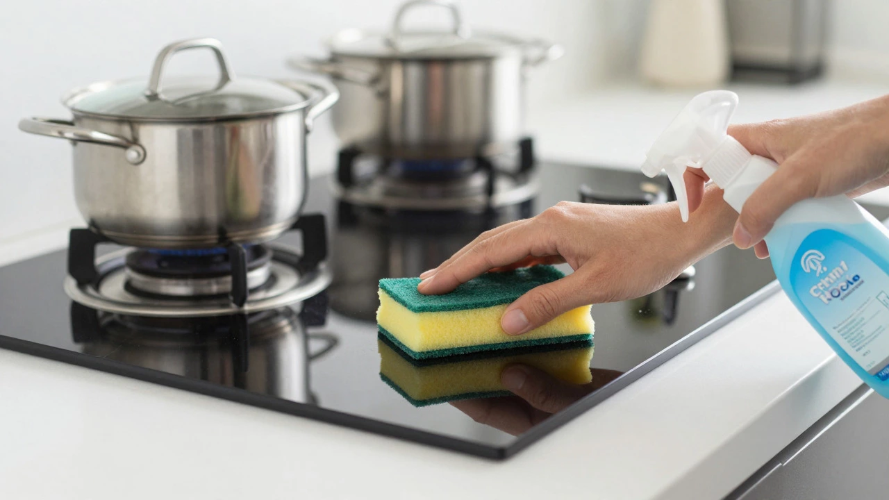 Hand cleaning a pristine electric hob with a soft sponge and specialized cleaner.