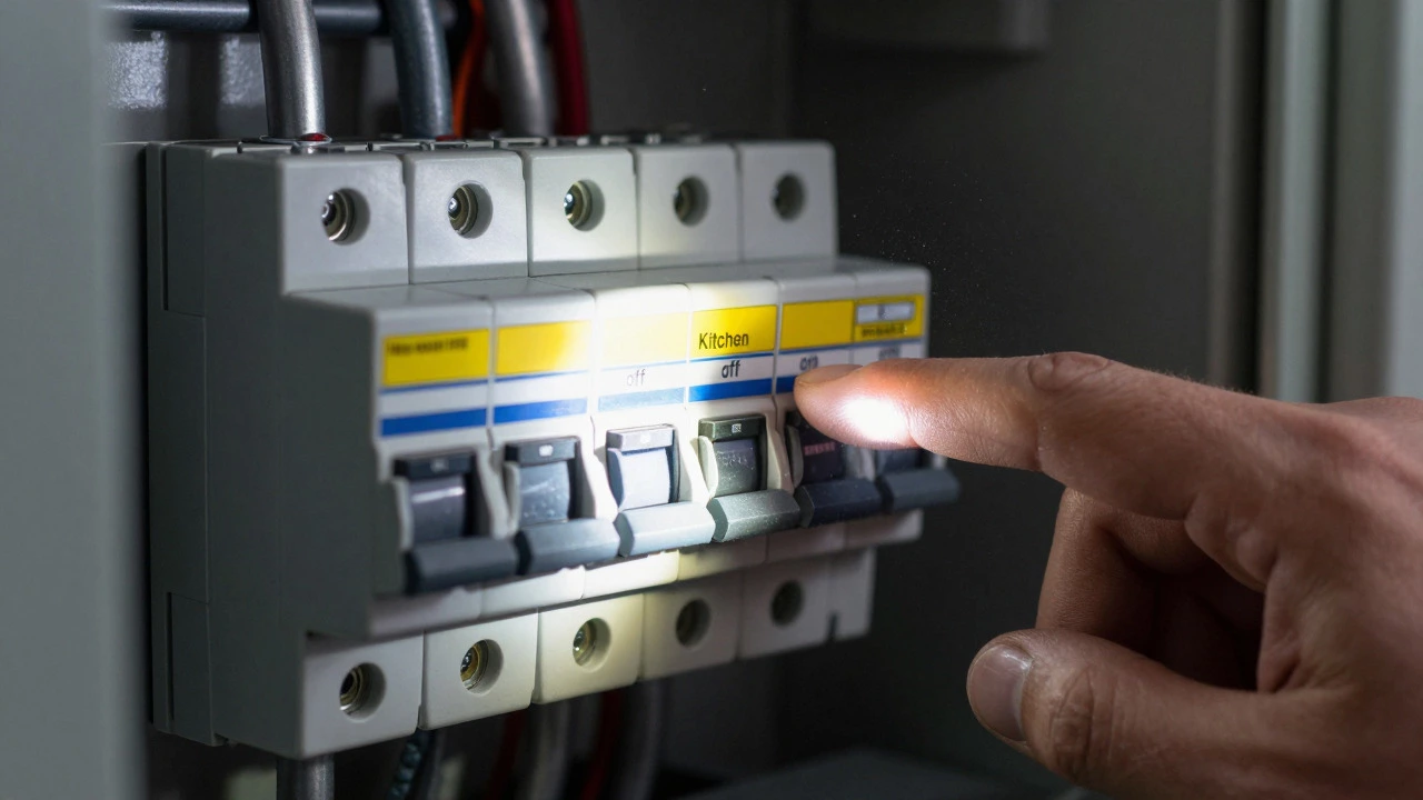 Hand flipping a tripped circuit breaker switch labeled Kitchen in an electrical panel.