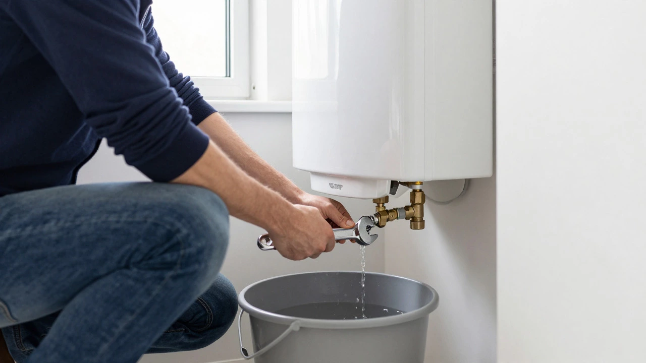 Homeowner inspecting and repairing a water heater drain valve with a wrench